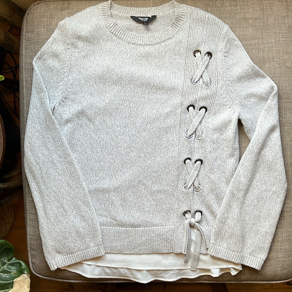Simply Vera Wang Gray Knit Sweater Lace-Up Accent Faux Layer Large